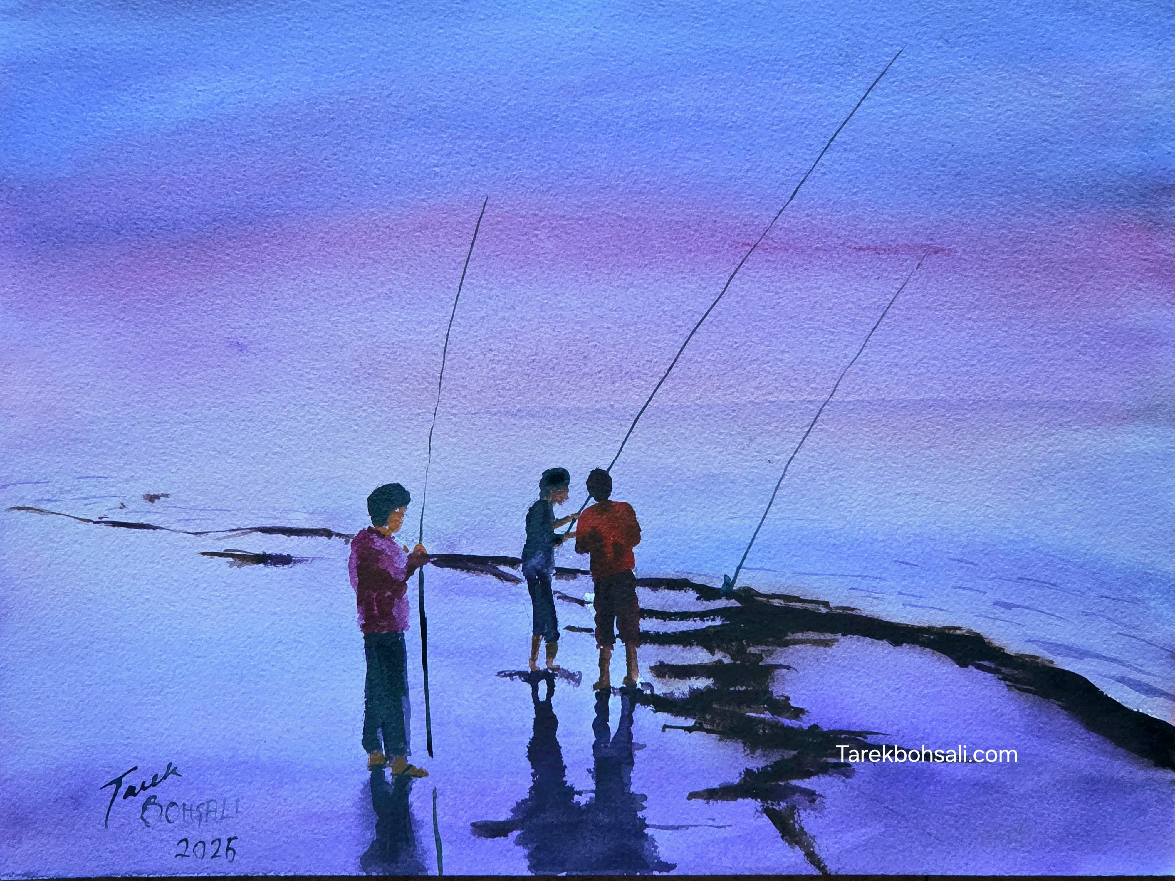 Boys fishing on Manara at Dawn – Tarek Bohsali Art