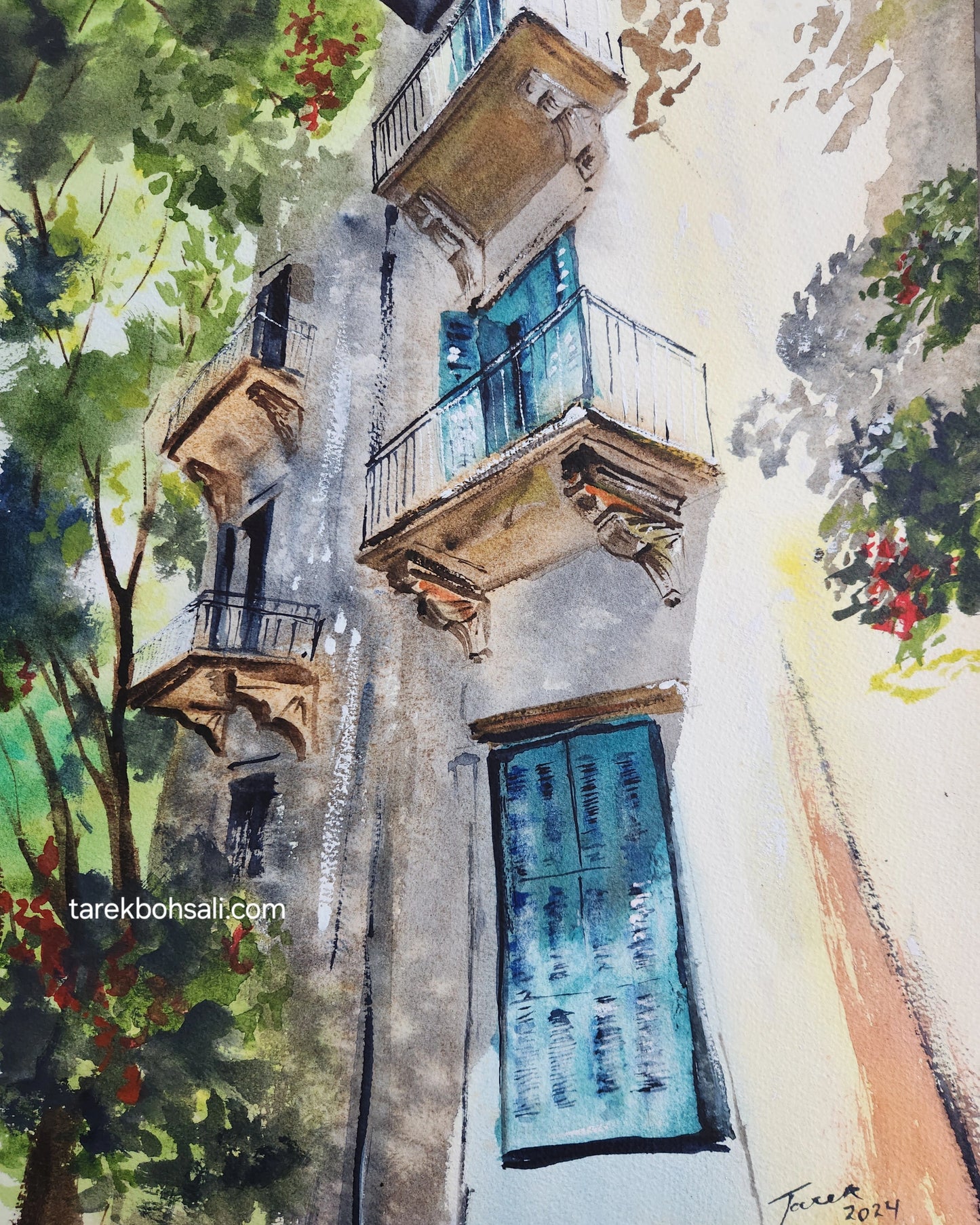 Looking upwards at balconies of traditional Beirut house